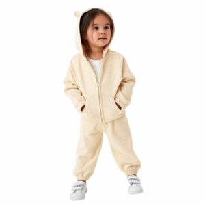 Kids Solid Color Hooded Zipper Sweatshirts And Shorts Two Pieces Suits - Apricot