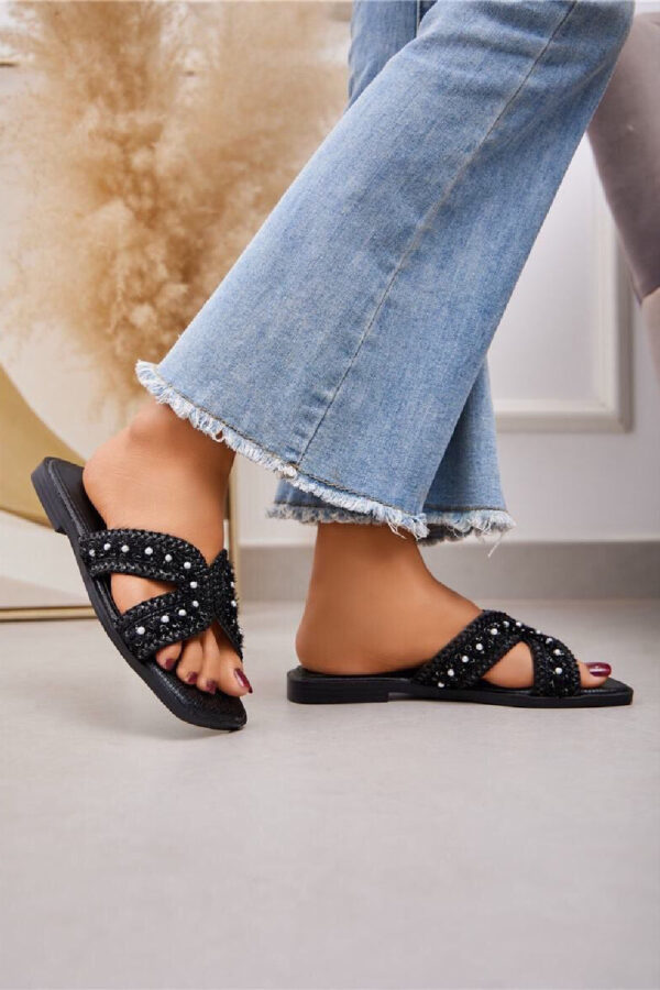 BLACK PEARL DETAIL FLAT SLIP ON SLIDER SUMMER SANDALS
