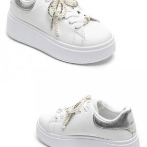 SILVER WHITE PEARL LACE DETAIL LACE UP CHUNKY SNEAKERS TRAINERS