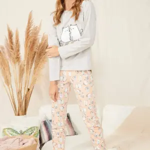 LOVE CAT DESIGN O-NECK PYJAMA SET