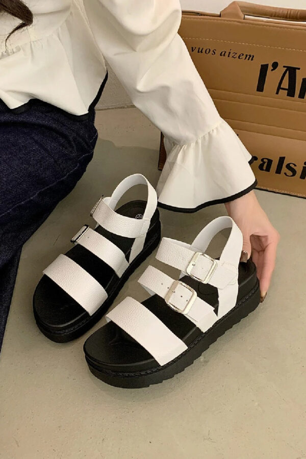 White PU Textured Strappy Chunky Platform Sandals - Image 3