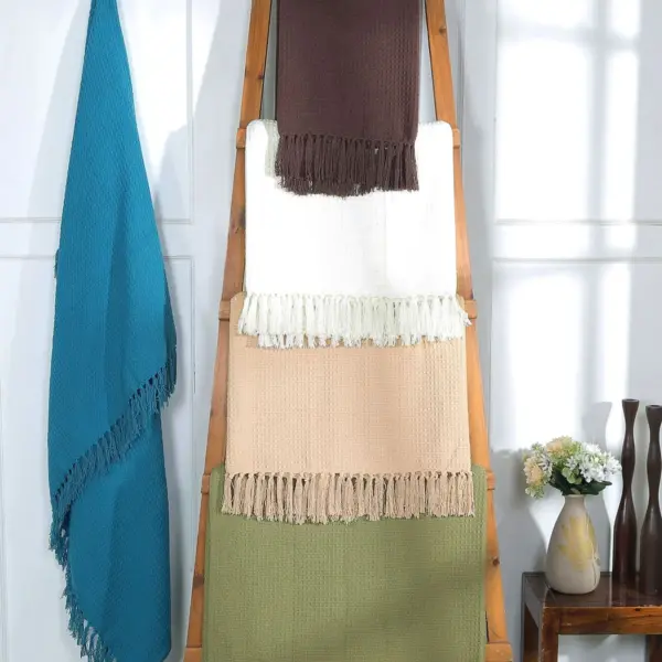 Luxurious Cozy Soft All-Season Cotton Waffle Weave Throw Blanket with Fringes – Lightweight – Decorative Blanket for Couch, Bed & Sofa