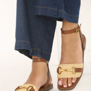 Tan Pu Straw Detail Strap Sandals With Buckle Closure