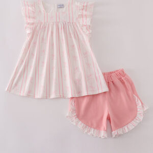 Pink stripe bow print ruffle shorts set
