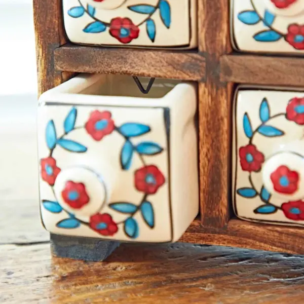White Floral Mango Wood Ceramic 4 Drawer Set - Image 4