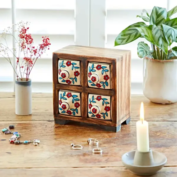 White Floral Mango Wood Ceramic 4 Drawer Set - Image 2