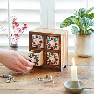 White Floral Mango Wood Ceramic 4 Drawer Set