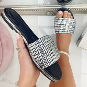 BLACK SPARKLY SLIP ON SLIPPERS SLIDERS