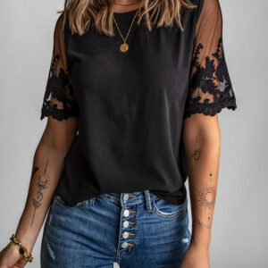 Lace Spliced Mesh Short Sleeve Top