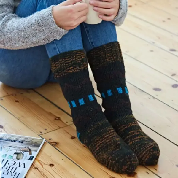 Handknitted Woollen Fuji Socks - Blue and Black