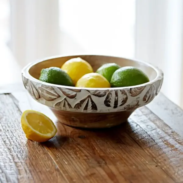 Antique White Carved Mango Wood Bowl - Image 4