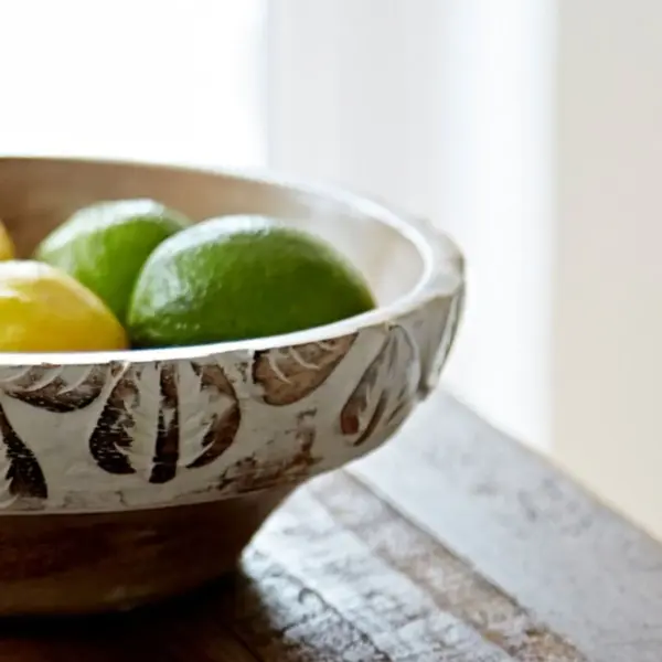 Antique White Carved Mango Wood Bowl - Image 2