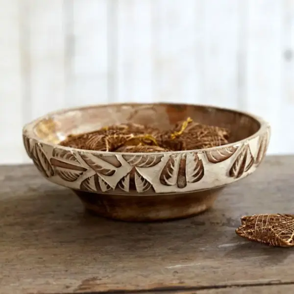Antique White Carved Mango Wood Bowl - Image 3
