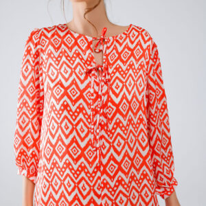 SHORT DRESS WITH TIE AT THE FRONT DETAILS IN ETHNIC RED PRINT