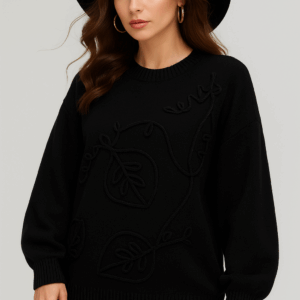 T583 - BLACK SOFT KNIT JUMPER WITH EMBELLISHMENT ON FRONT